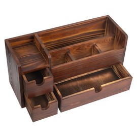 ExoLiry Rustic Brown Wooden Desktop Organizer Drawers Removable Office Supplies Torched Wood Storage Cabinet Caddy Box Stationery Pencil Slots Mail Holder Notes Accessories Home Makeup Tools Cosmetics