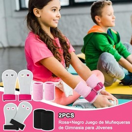 2 Juego de Muñequeras de Gimnasia para Jóvenes con 2 par Muñequeras Deportivas y 2 par Agarres de Gimnasia, Antideslizante, Transpirable, Duradero, pa