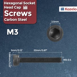 Kozelo 50pcs Socket Head Cap Screws [M3-0.5 x 22mm] Alloy Steel Full Thread Black Oxide Grade 12.9 Internal Hex Screw 3D Printer Furniture Industrial Black