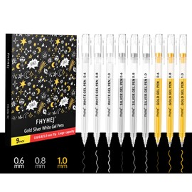Fhyhej Gold Silver White Gel Pen 9-Pack, 0.6/0.8/1.0mm Extra Fine Tip Opaque Archival Ink Pens for Black Paper Art Sketching, Watercolor & Holiday Gifts