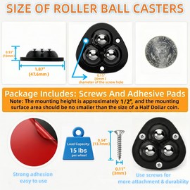 8 Pack Self Adhesive Caster Wheels - Low Profile Anti-Rust Stainless Steel Rollers for Small Furniture, Kitchen Appliances, Storage Bins & PC Case - Heavy Duty 15LBS Capacity Per Wheel (3-Ball, Black)