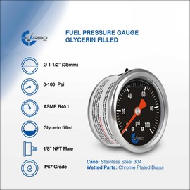CARBO Instruments 1-1/2" Fuel Pressure Gauge, Stainless Steel Case 304, Chrome Plated Brass Connection, Glycerin Filled, 0-100 Psi, Accuracy 3-2-3%, Back Mount 1/8" NPT Black Dial