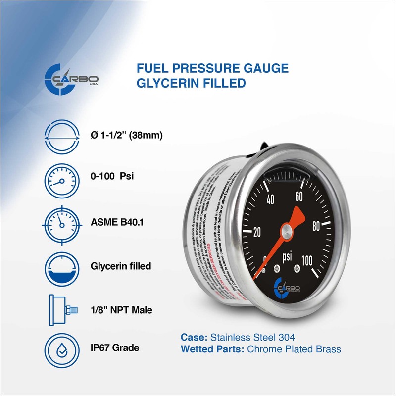 CARBO Instruments 1-1/2" Fuel Pressure Gauge, Stainless Steel Case 304,