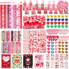 Valentine's Day Gifts for Kids, 240Pcs Classroom Exchange Stationery Set with Card,Pencil, Sharpener, Eraser, Notebook,Slap Bracelet, Stamp,Tattoo Sticker, Goodie Bag Stuffers for School Party Favors