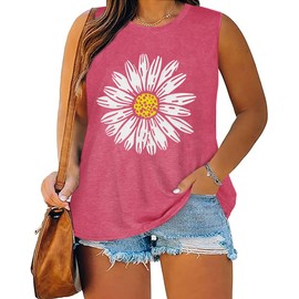 Plus Size Tops for Women Sleeveless Summer Tank Top Loose Casual Tunics Shirts, Red White Sunflower, 3XL