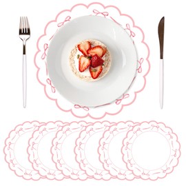 FYSUIMU 6 Pcs Pink Bow Plastic Placemats Spring Bowknot Coquette Table Mats Scalloped Place Mats for Easter Birthday Baby Shower Bachelorette Party Kitchen Supplies