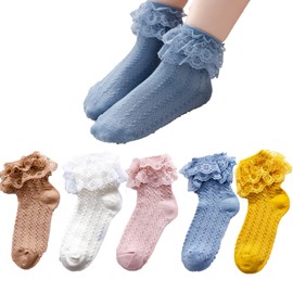 Taous Assam Newborn Baby Girls Socks Toddler Lace Ruffle Frilly Ankle Dress Sock for Infants 5 Pairs Lace Size 12-24 Months
