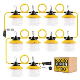 100FT Construction String Lights: 3 Prong 150W Ultra-bright 21000 lumens ETL Listed Linkable Industrial Outdoor Temporary Lighting IP65 Waterproof Hanging Led Work Light for Attic Jobsite Garage Shop