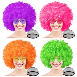 PLULON 4 Pack Colored Afro Wig with Heart Sunglasses and Hair Caps for Women Men Funny Curly Afro Wigs Disco Hippie Party Hairpieces for Halloween Costume Cosplay Party Carnival Music Festival Decor