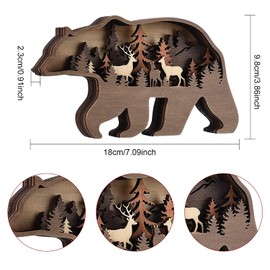 CREATCABIN Christmas Decorations Display Bear Multi Layer 3D Wood Carving Forest Animal Elk Wooden Crafts Xmas Desktop Ornaments 7.09 x 3.86inch