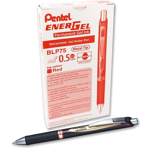 EnerGel Permanent Retractable Rollerball, 0.5mm, Red Ink, 1 Pack of 12 pens