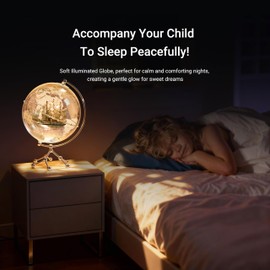 Transparent Illuminated Globe with Sailboat Ornament & Metal Stand - Modern Desktop World Globe Decoration for Office, Bookshelf, Home Decor (20cm Diameter)