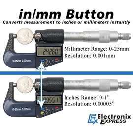 0-1" Range (0-25mm) Digital Micrometer with 6 Digit LCD Display, 0.001mm Resolution, Features mm/inch Conversion Button - EX ELECTRONIX EXPRESS