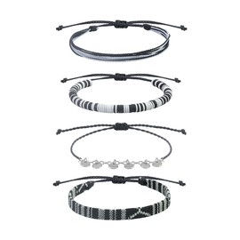 4pc Surfer Anklets for Men Waterproof String Rope Anklets Boho Clay Adjustable Beads Ankle Bracelets Cute Cloth Stainless Steel Anklet Set Beach Summer Jewelry for Women (4pcs boho anklets black)