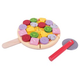 Bigjigs Toys Wooden Cutting Pizza with Wooden Toppings and Pizza Slicer - Play Food and Role Play for Kids
