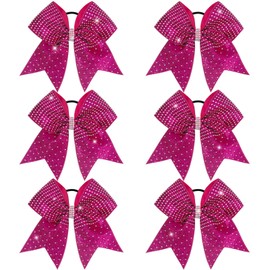 OAOLEER 6PCS Glitter Cheer Hair Bows for Cheerleading, Shiny Rhinestones Large Jumbo Cheer Bow with Ponytail Holder for Teen Girls Cheerleader (Hot Pink)