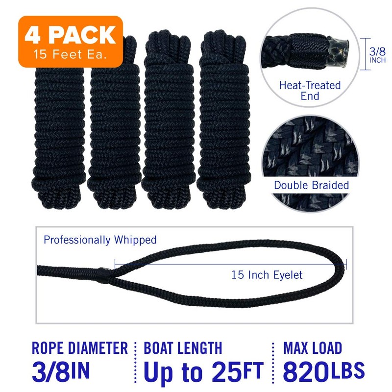 Dock Lines for Boats 3/8" x 15ft, 4 Pack Double