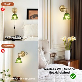 XIYOUVE 2 Pack Vintage Battery Operated Wall Sconces, Rose Green Lampshade & 180 Degree Adjustable, Wireless Rechargeable RGB Wall Light with Remote Control, for Bedroom Living Room Hallway Aisle