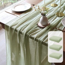 FEXIA 3 Pack Sage Green Table Runner 30x118 Inches for Baby Shower Decorations Cheesecloth Table Runner for Spring Decor Rustic Gauze for Wedding Bridal Shower First Communion Home Decor