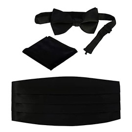 Gioberti Men's Adjustable Satin Cummerbund Set With Formal Bow Tie and Pocket Square, Black
