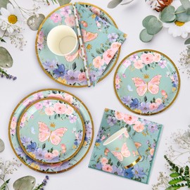 Green Background Crown Butterfly Tableware Set for 25 Guests, Disposable Tableware Set Paper Plates Cups Napkins Straw for Children Baby Shower Birthday Party Decoration Wedding Dinnerware Sets