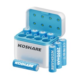 KOSHARE 8 Pack Rechargeable Ni-MH Batteries AA with Charger, 1.2V 2800mAh Ni-MH AA Battery,Double A NiMH Battery,Rechargeable up to 800 Times,Pre-Charged (White+Blue, 8AA+8Slot Charger)