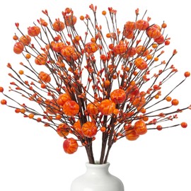 CORVYUC 6 Pcs 17" Tall Artificial Fall Berry Stems Picks Fall Floral Arrangements with Fake Orange Pumpkins for Home Indoor Vases Centerpieces Autumn Harvest Festival Thanksgiving Day Decorations