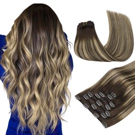 MAXITA Hair Extensions Clip in Human Hair,120g 7pcs Mocha Brown to Bleach Blonde 16 Inch,Clip in Hair Extensions Real Human Hair Extensions Natural Straight Hair for Women