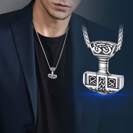 FaithHeart Norse Jewellery Men's Thors Hammer Pendant Silver Plated Mjolnir Necklace Stainless Steel Nordic Viking Amulet Charm Mythology Gifts for Man Boy