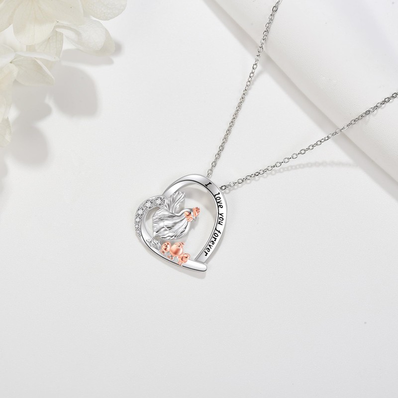 ONEFINITY Chicken Necklace 925 Sterling Silver Hen and Child Pendant
