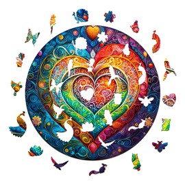 Wooden Puzzle Adults and Children, Mandala Heart Circular Unique Puzzle, Wooden Puzzle Adults with Wooden Gift Box (M-200 Pieces)