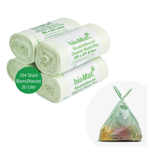bioMat Compostable 10 Litre Organic Bin Bags with Carry Handle, 104 Bags, Premium Quality, DIN+ Certified, Climate Neutral, Made in Germany