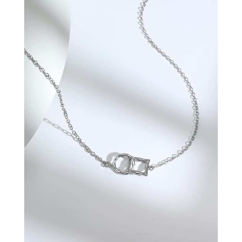 Desnuage Silver Geometric Square and Circle Pendant Necklace Simple Everyday