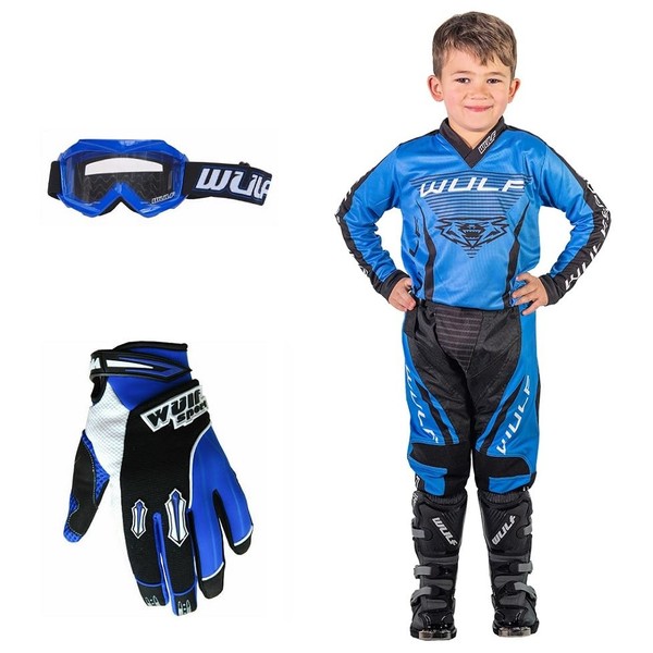 Wulf Kids Mx Linear Motocross Suit with Stratos Off Road Gloves and Goggles for Junior Motorbike Motorcycle ATV Quad Dirt Bike BMX Racing Kit - BLUE : 8-10 years - GLOVES : XS