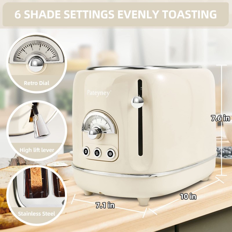 Pateyney Retro Stainless Steel Toaster - 2 Slice, Extra-Wide Slot,