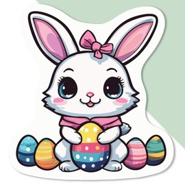 4 x Small 50mm 'Easter Bunny with Eggs Kawaii Style' Permanent Sticker Decals for Cars/Windows/Bins/Walls etc (DW00108144)