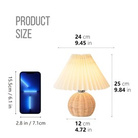 KUNJOULAM Pleated Table Lamp, Modern Bedside Nightstand Lamp with Beige Lampshade Rattan Metal Base, Desk Light for Bedroom Living Room Home Office Decor with E12 Bulb