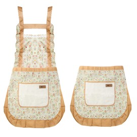 Mumjooyi Kitchen Apron, Set of 2 Women's Kitchen Aprons with Pockets, One Long and One Short Adjustable Kitchen Apron, Flower Aprons for Women, Kitchen, Restaurant, Cafe, Green flowers