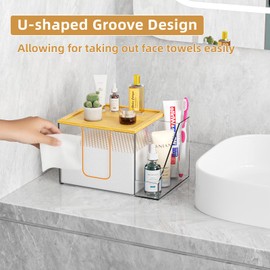 VITVITI Disposable Face Towel Holder Box, Acrylic Clean Skin Club Facial Towel Container with Toothbrush Holders, Large Disposable Face Towel Storage for Bathroom Vanity Makeup, Clear