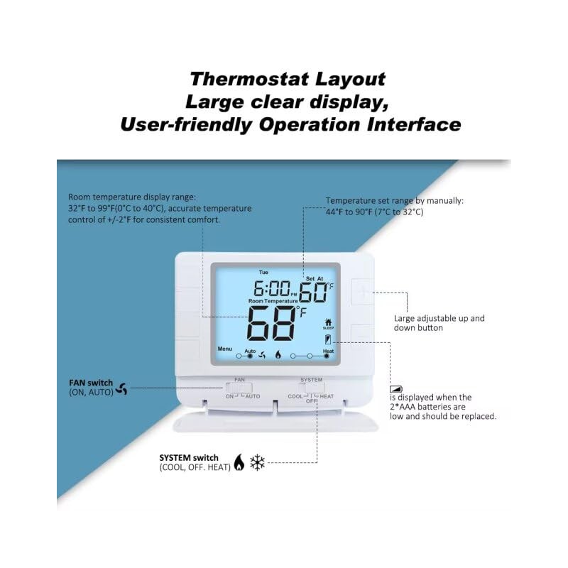 Programmable Thermostat for House, 1 Heat/1 Cool, Extra Large Display,