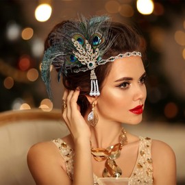 Alovez 1920s Flapper Feather Headband Peacock Feather Hair Band Vintage Rhinestone Hair Band Great Gatsby Headdress Costume Accessories for Women