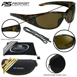 proSPORT Polarized Bifocal Sunglasses Readers Men Women Anti Glare Lenses Full Sport Wrap Frame Fishing Boating Beach Matte Tortoise Shell Brown Amber +2.50 Zipper Case Sunglass Retainer