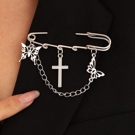Safety Pin Brooch with Cross Butterfly Tassel Charms Fashion Safety Pins for Clothes Sweater Shawl Collar Coat Brooches Pin