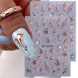 5D Embossed Marine Life Nail Art Stickers Ocean Style Nail Stickers 2PCS Rose Golden Seashell Starfish Sea Creature Design Summer Nails Adhesive Decals Nail Art Supplies for Women Manicure Decoration