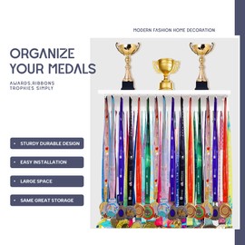 Defined Deco Medal Hanger Display and Trophy Shelf with 32 Hooks-Wooden Medal Holder for Wall Mount Ribbon Display-Trophy Display Shelf for Gymnastics, Soccer, Running Race Medals Awards Rack.