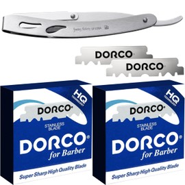 The Shave Factory Straight Edge Razor Kit (Steel Razor / 200 Dorco Single Edge Razor Blades Blue)