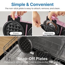 Sunvivipro Double Waffle Maker Featuring Dual Removable Nonstick Plates, One-Button Single or Dual-Side Operation, Rapid Preheating with Dual Indicator Lights, Easy-to-Clean and Durable Design,Pink