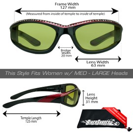 Bikershades Rhinestone Womens Motorcycle Biker Glasses Foam Padded Wrap Blocks Wind Dust Yellow Lenses Red Frames.