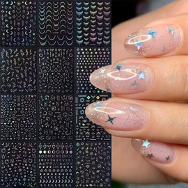 12 Sheets Aurora Nail Stickers 3D Self Adhesive Moon Star Nail Art Stickers for Nail Art Aurora Silver Nail Decals Glitter Holographic Nail Design Nail Art Supplies for Women DIY Manicure Decorations