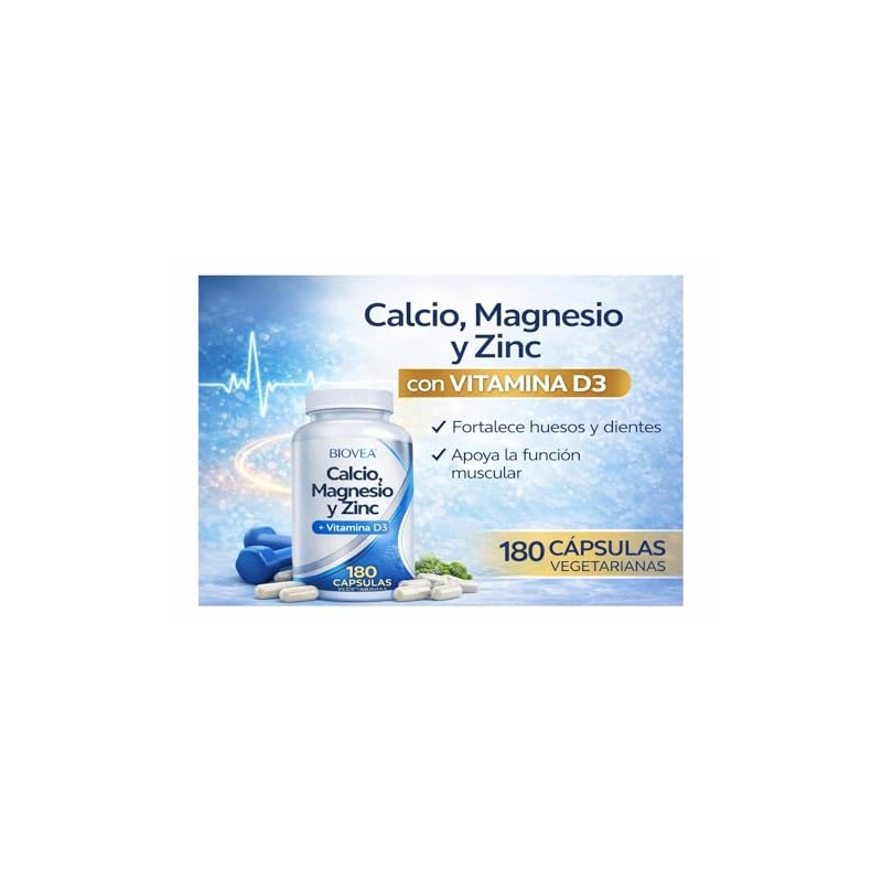 Biovea Calcio, Magnesio y Zinc con vitamina D3 frasco de